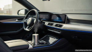 Ambientador para coche con luz ambiental colocado en el posavasos del salpicadero