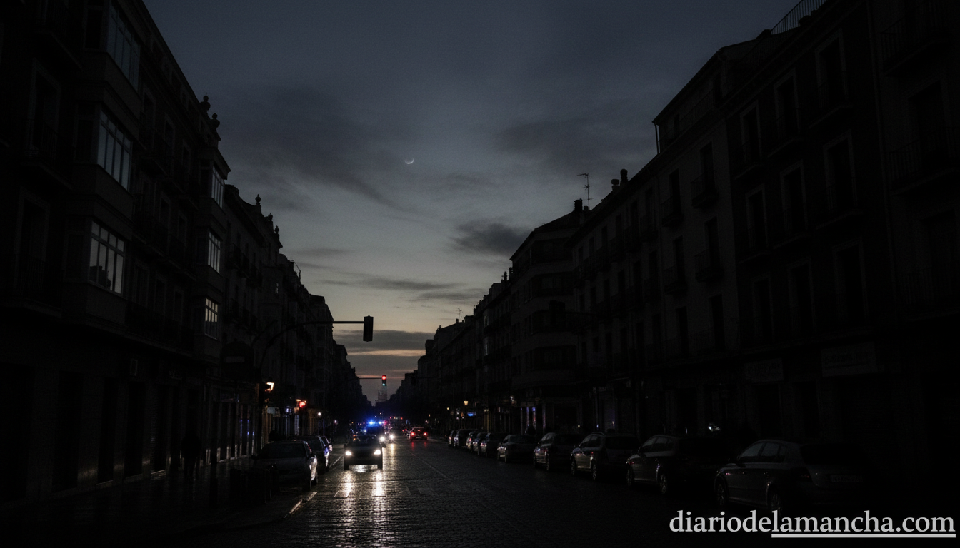 Apagón eléctrico en ciudad española: calles oscuras, semáforos apagados, edificios sin luz al anochecer, ambiente urbano r...