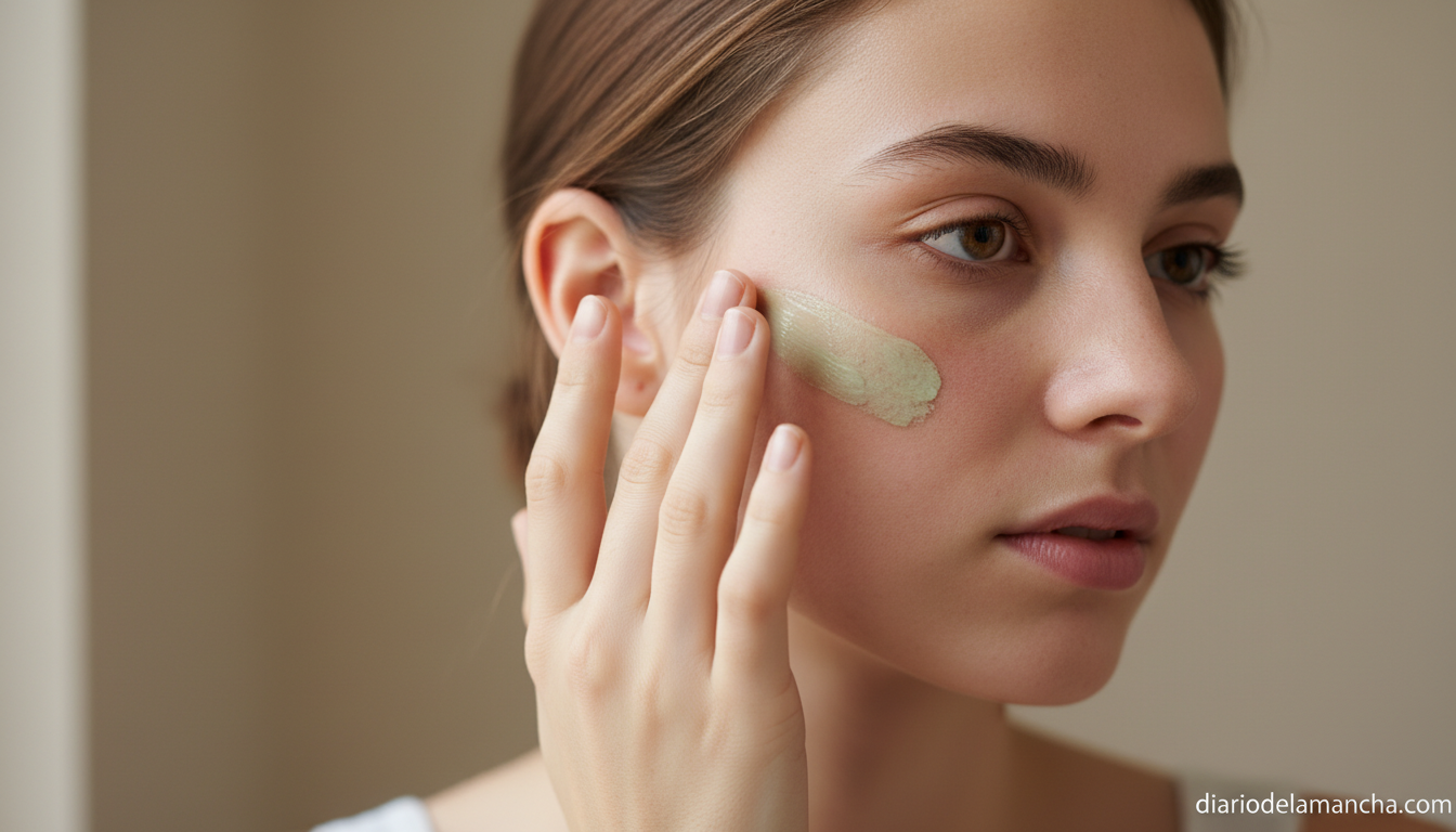 Aplicación de CC Cream antirojeces con los dedos sobre la mejilla con luz natural
