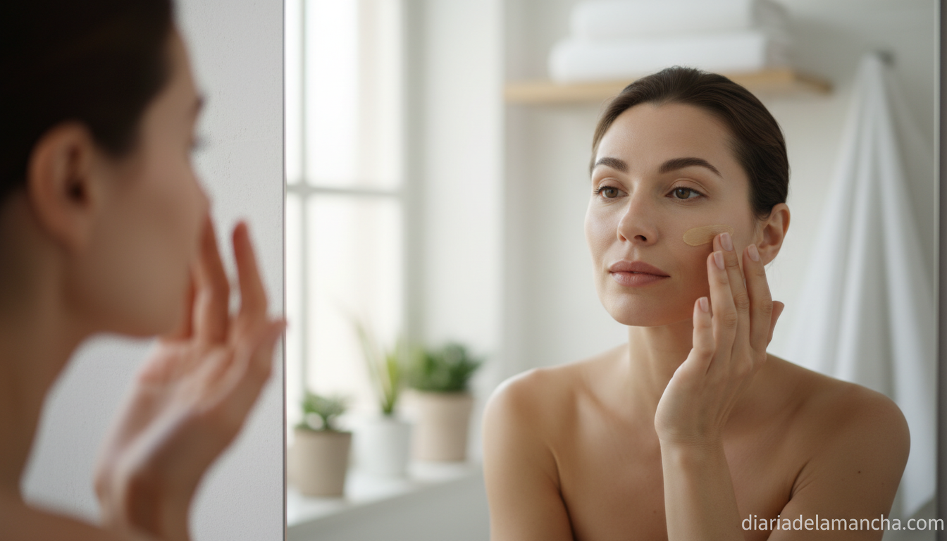 Mujer aplicando protector solar facial con color frente al espejo