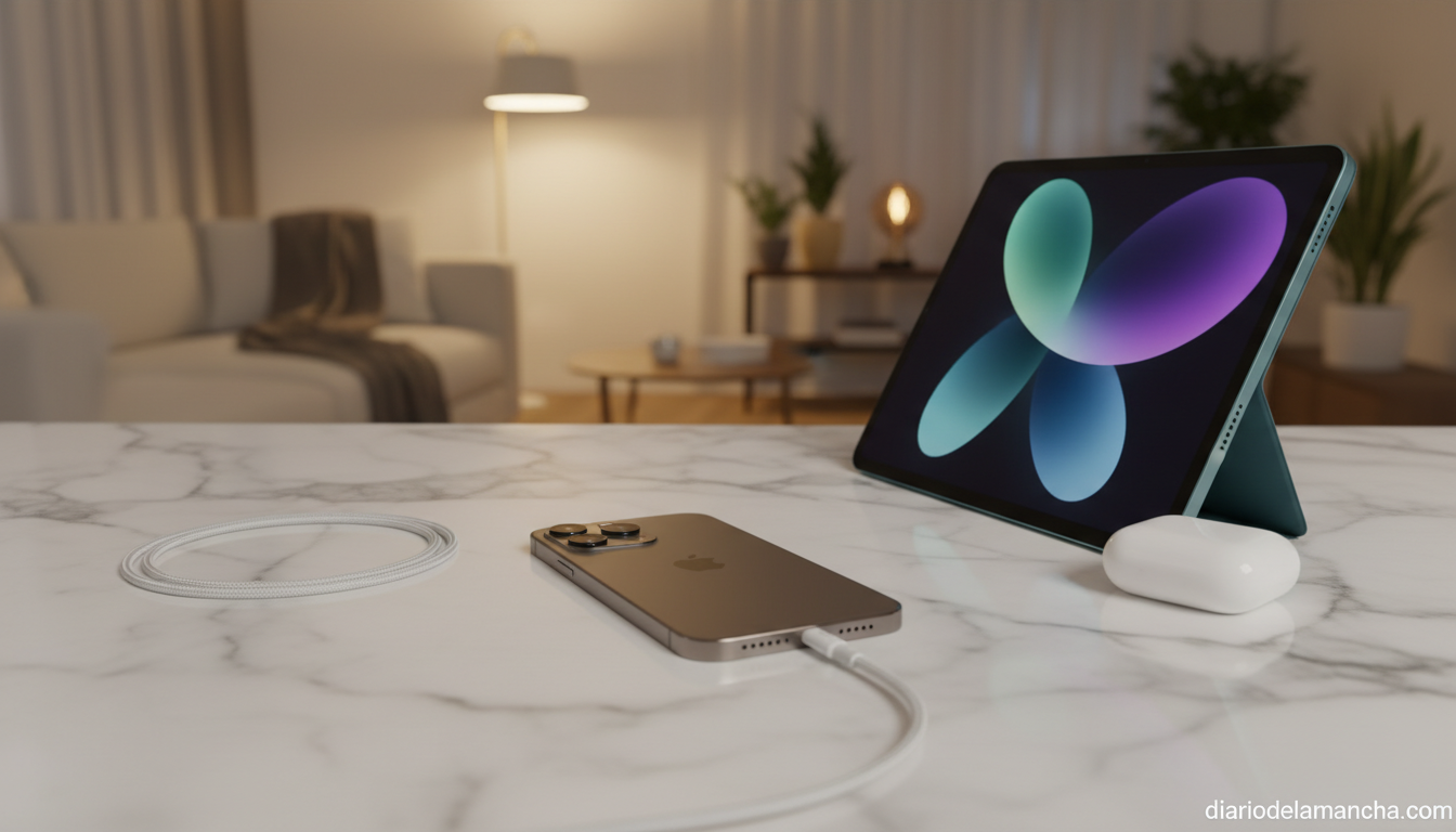 iPhone 15 con USB-C, iPad y AirPods en mesa de salon durante la Apple Week