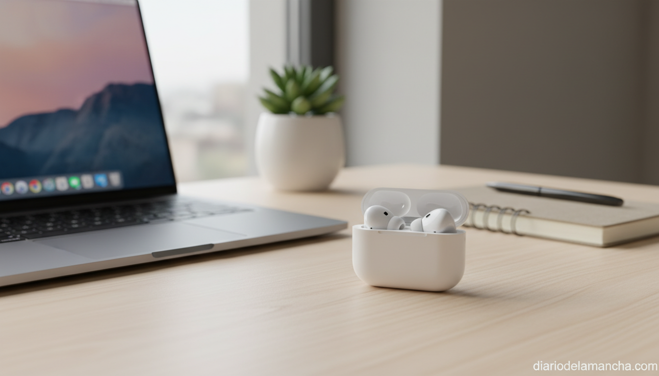 AirPods Pro 3 y MacBook Air sobre escritorio durante la Apple Week en PcComponentes