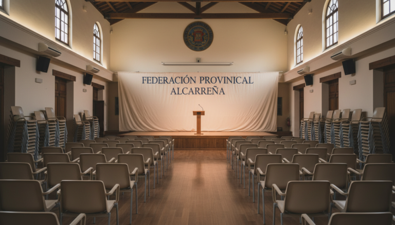 Wide-angle photo of a community hall with rows of empty chairs and a banner that reads 'Federacion Provincial Alcarrena' i...
