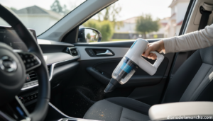 Aspirador de mano sin cables limpiando el interior de un coche
