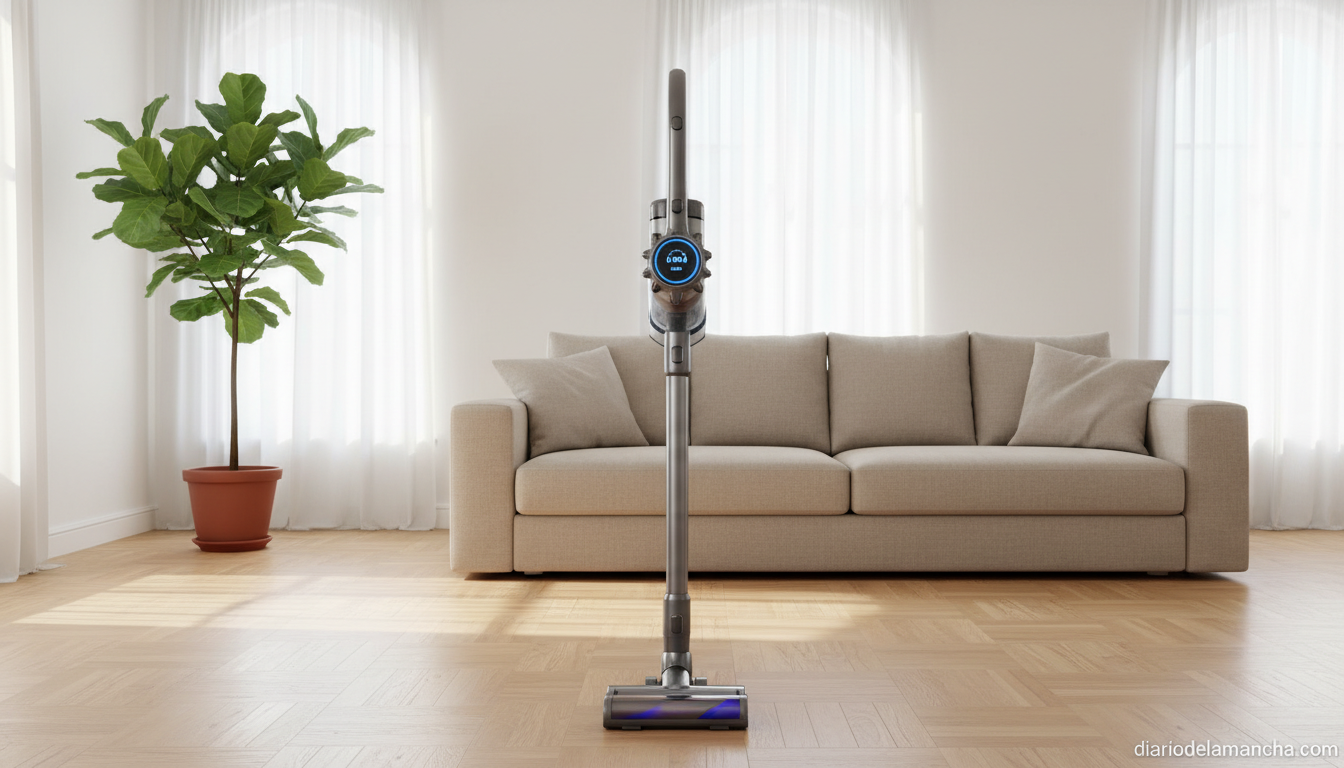 Aspiradora inalámbrica sin cables 50 kPa apoyada en un suelo de parquet en un salón luminoso