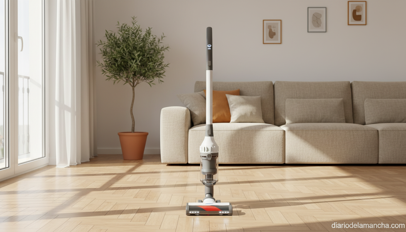 Aspiradora sin cable en uso en un salón moderno con suelo de parquet