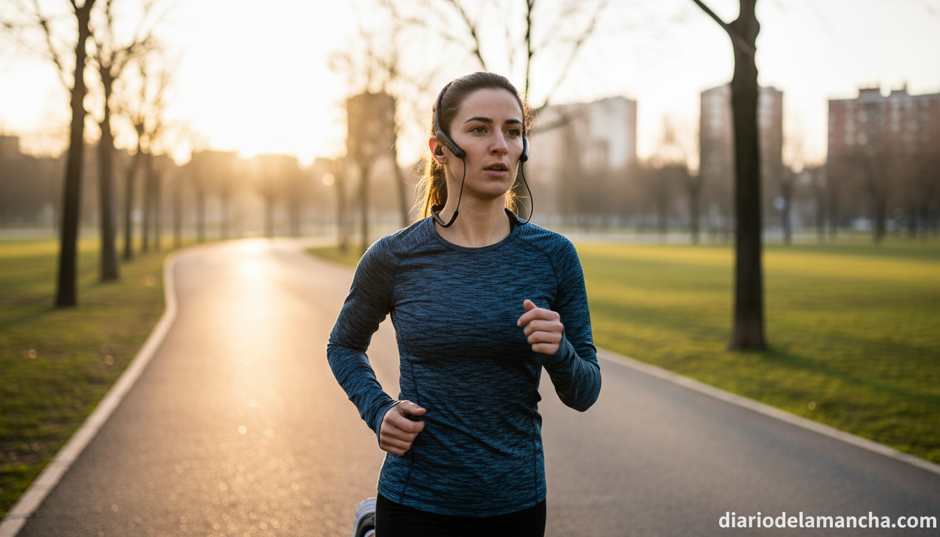 Runner usando auriculares de conducción ósea en un parque urbano al amanecer