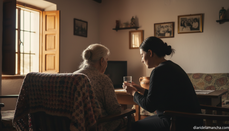 Cuidadora ayudando a una persona mayor en su domicilio en un pueblo de Castilla-La Mancha