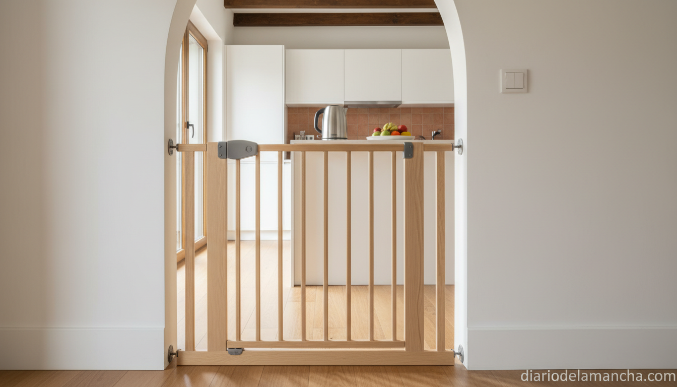 Seguridad infantil en casa: Las barreras más eficaces para tus pequeños 2 Barrera de seguridad de madera en la entrada de una cocina protegiendo a los niños