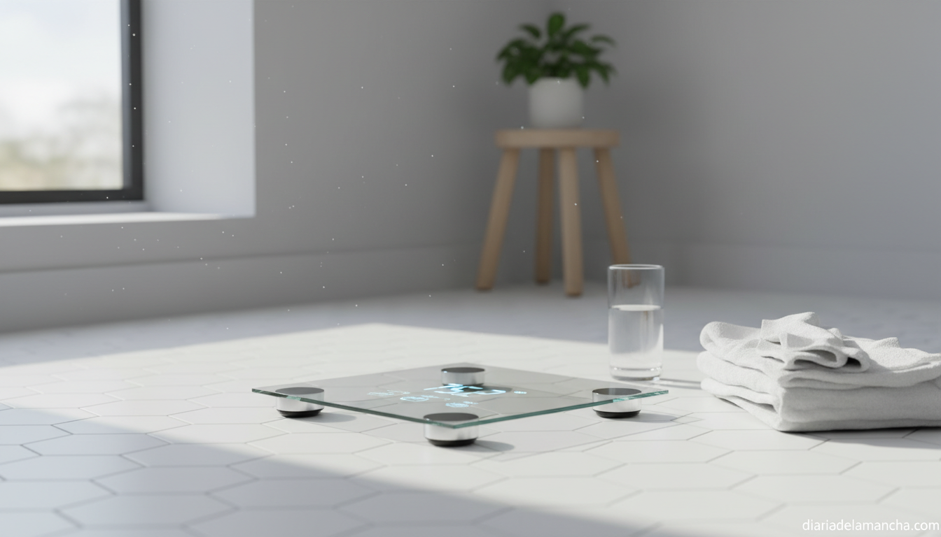 Báscula inteligente moderna en suelo de baño luminoso para monitorear peso y composición corporal
