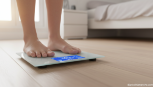 Pantalla de báscula inteligente mostrando peso porcentaje de grasa corporal y masa muscular