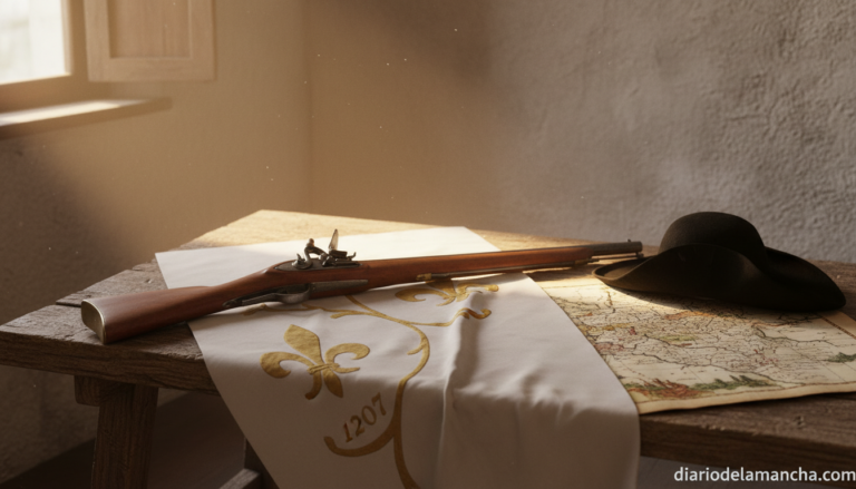 Recreación histórica de la Batalla de Almansa con bandera borbónica y mosquetón de 1707