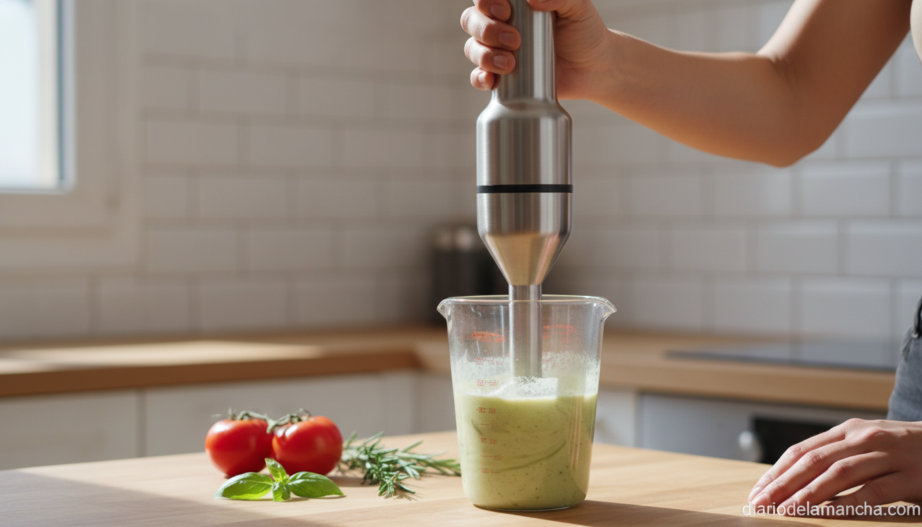 Batidora de mano triturando crema de verduras en una cocina luminosa