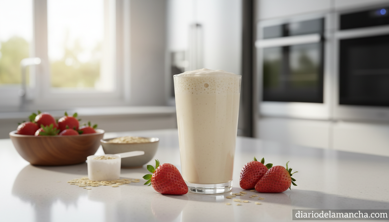 Batido sustitutivo de comida con proteínas y fibra preparado en una cocina moderna