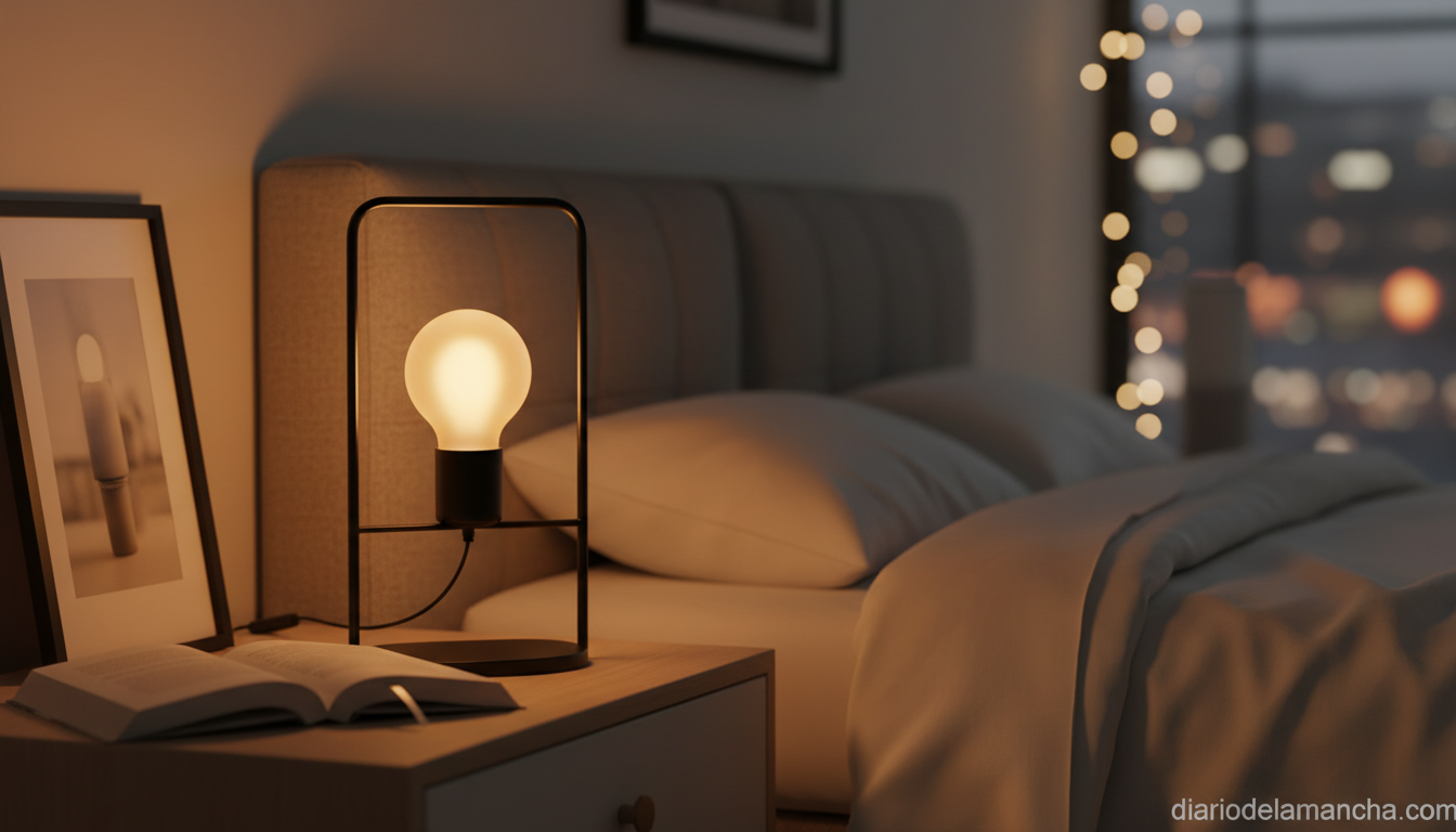 Bombilla inteligente con luz cálida en una lámpara de mesita de noche en un dormitorio moderno