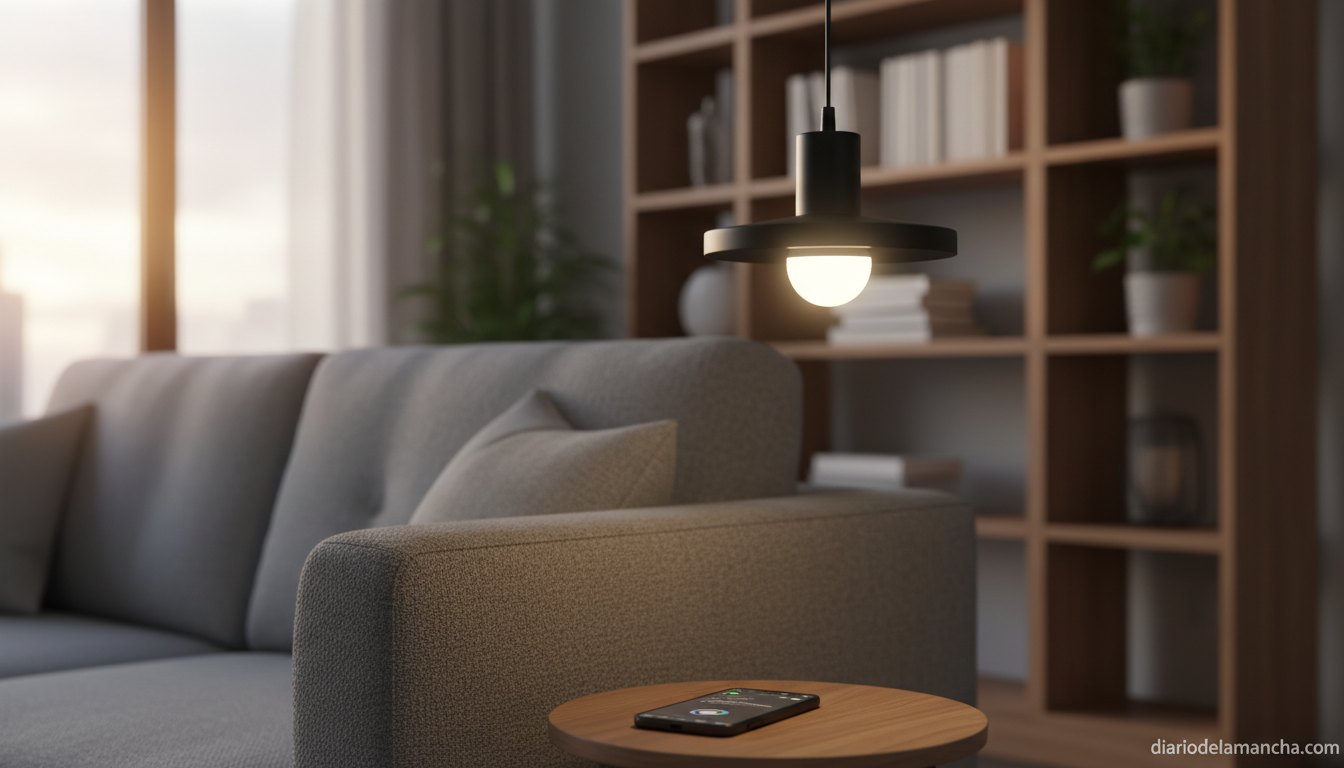 Bombilla inteligente Wi-Fi encendida con luz cálida en el salón de un hogar moderno controlada desde el móvil