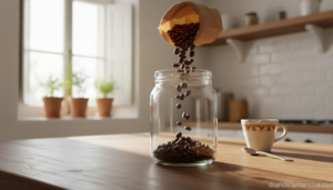 Granos de café arábica premium sobre tabla de madera en cocina mediterránea