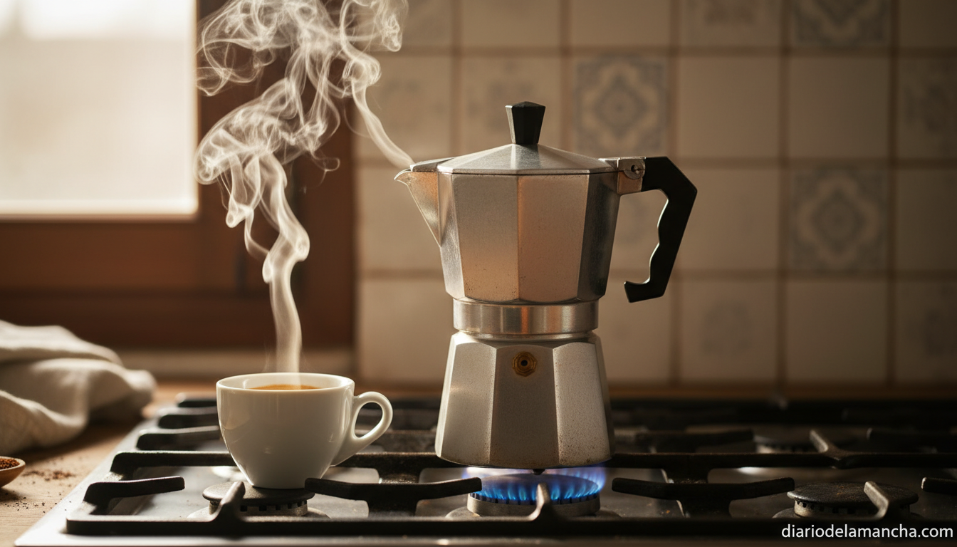 Cafetera italiana tipo moka sobre fogón con café recién hecho
