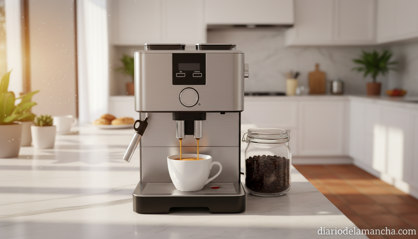 Cafetera superautomática preparando espresso en cocina moderna