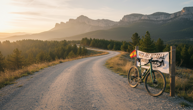 Editorial sports photograph of an empty gravel road winding through the Sierra de Alcaraz mountains in Castilla-La Mancha ...