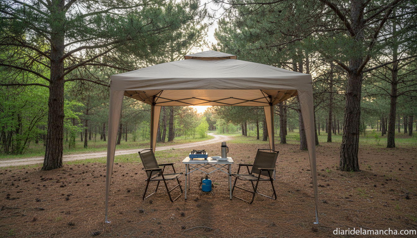 Carpa plegable beige montada en un camping entre pinos durante una tarde de primavera