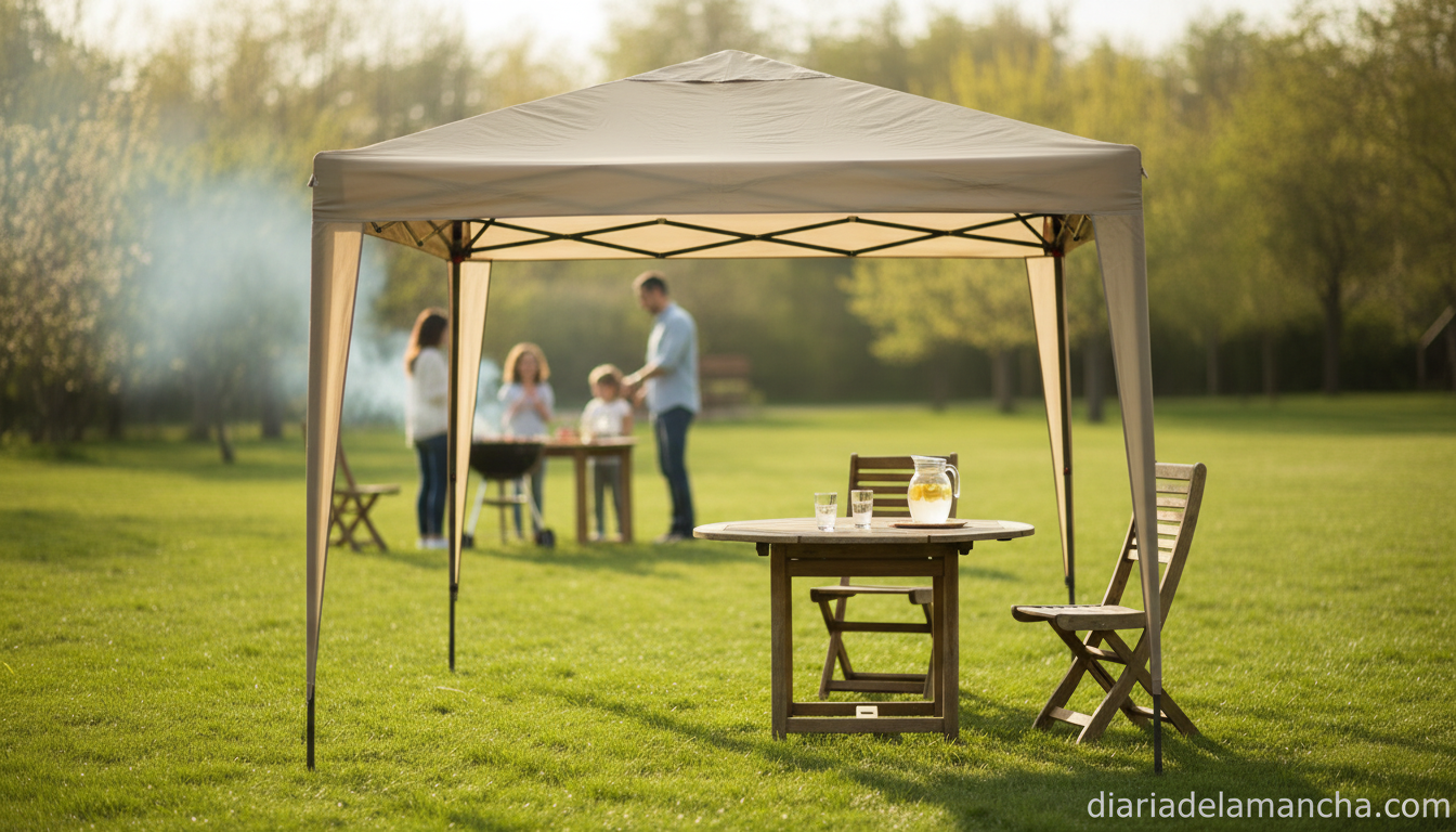 Carpa plegable beige 3x3 metros montada en un jardín durante una comida familiar