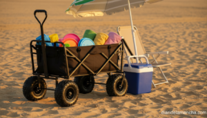 Carrito plegable todoterreno con ruedas grandes en la playa junto a nevera y silla, ideal para Semana Santa