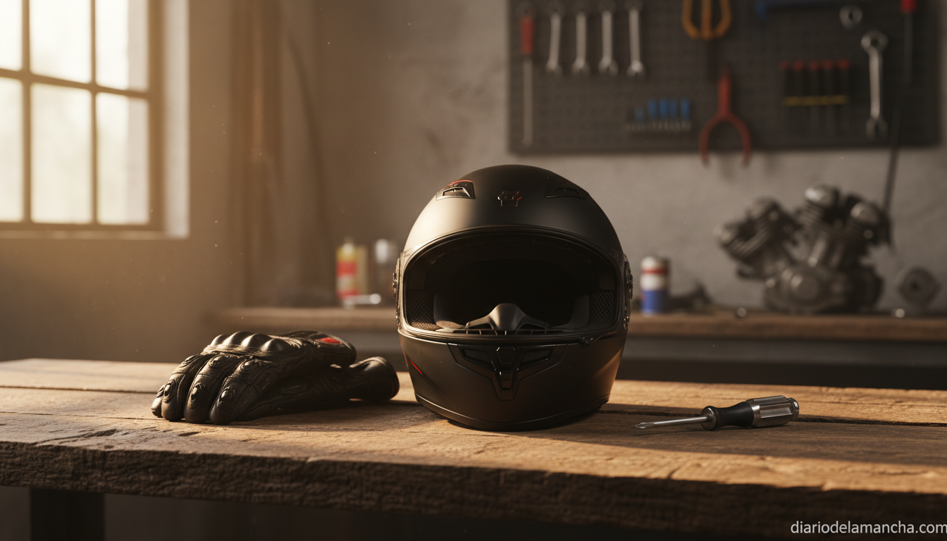 Casco integral de moto homologado ECE 22.06 sobre mesa de taller
