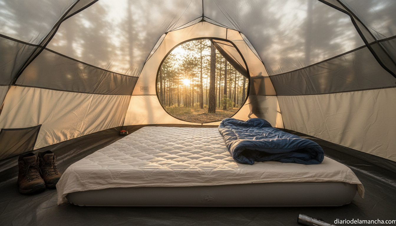 Colchon hinchable queen size dentro de tienda de campania familiar al atardecer
