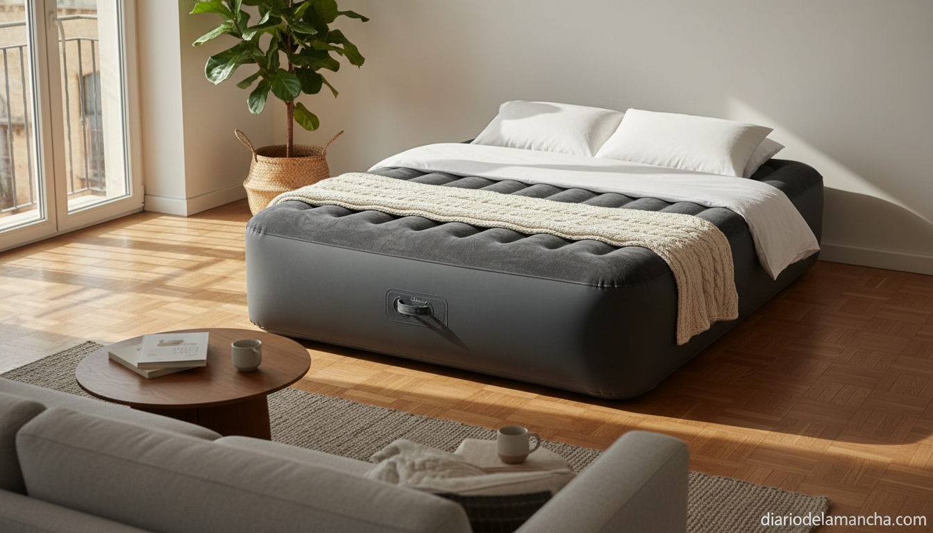 Colchon hinchable queen size en salon de invitados con sabanas blancas