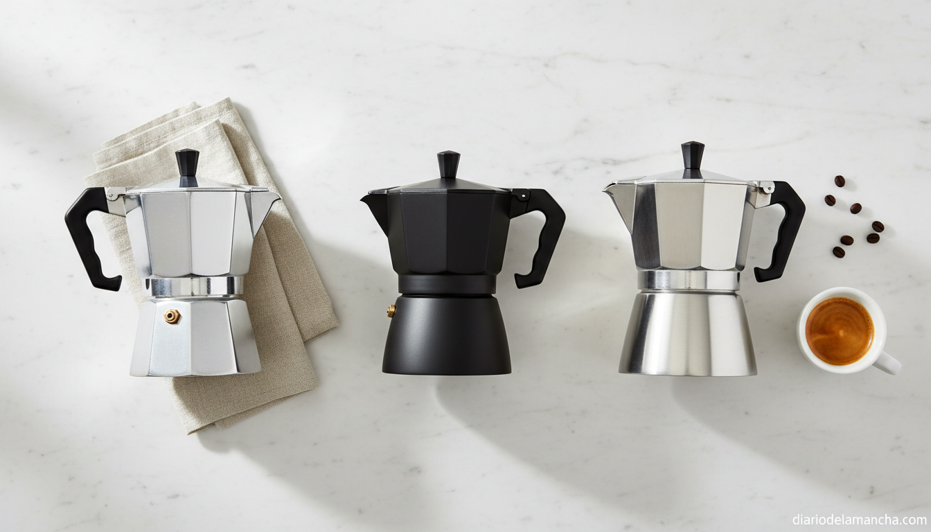 Comparativa de tres cafeteras italianas moka sobre encimera de mármol