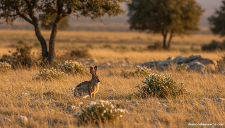 Conejo de monte en un paisaje típico de Castilla-La Mancha al atardecer