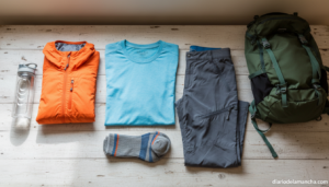 Conjunto de ropa técnica de senderismo: camiseta, pantalones, calcetines y cortavientos sobre superficie de madera