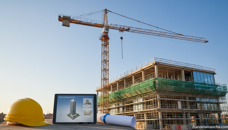 Grúa de obra y casco de seguridad junto a una tableta con un modelo BIM en una obra de Ciudad Real