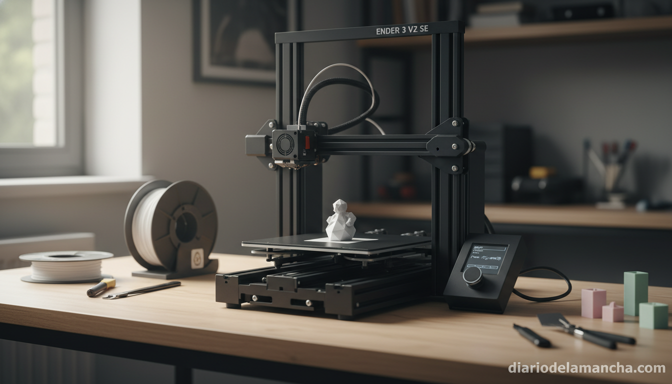 Impresora 3D Creality Ender 3 V3 SE imprimiendo una figura sobre un escritorio de madera en un taller doméstico