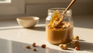 Tarro de crema de cacahuete 100% natural abierto en una cocina con cuchara de madera y cacahuetes crudos