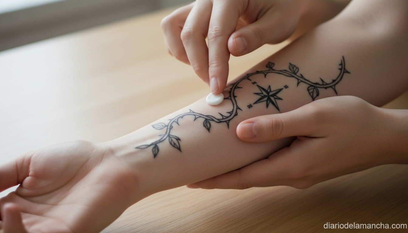 Aplicación de crema cicatrizante sobre tatuaje recién hecho en el antebrazo