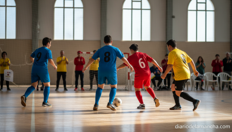 Partido de futbol sala inclusivo de FECAM en un pabellon municipal de Castilla-La Mancha