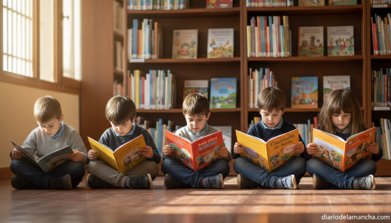 Escolares leyendo libros en una biblioteca de colegio durante el Día del Libro
