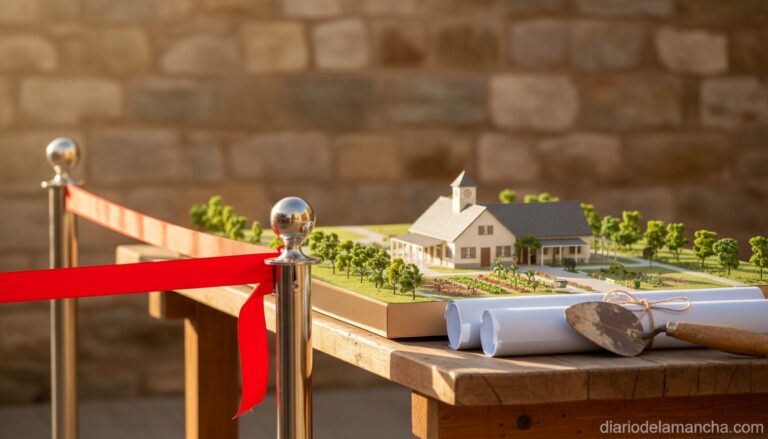 Editorial press photograph in landscape format. A red ribbon stretched between two metal poles in the foreground. On a woo...