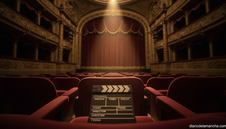 Butacas vacías de teatro con foco encendido sobre el escenario y una claqueta de cine