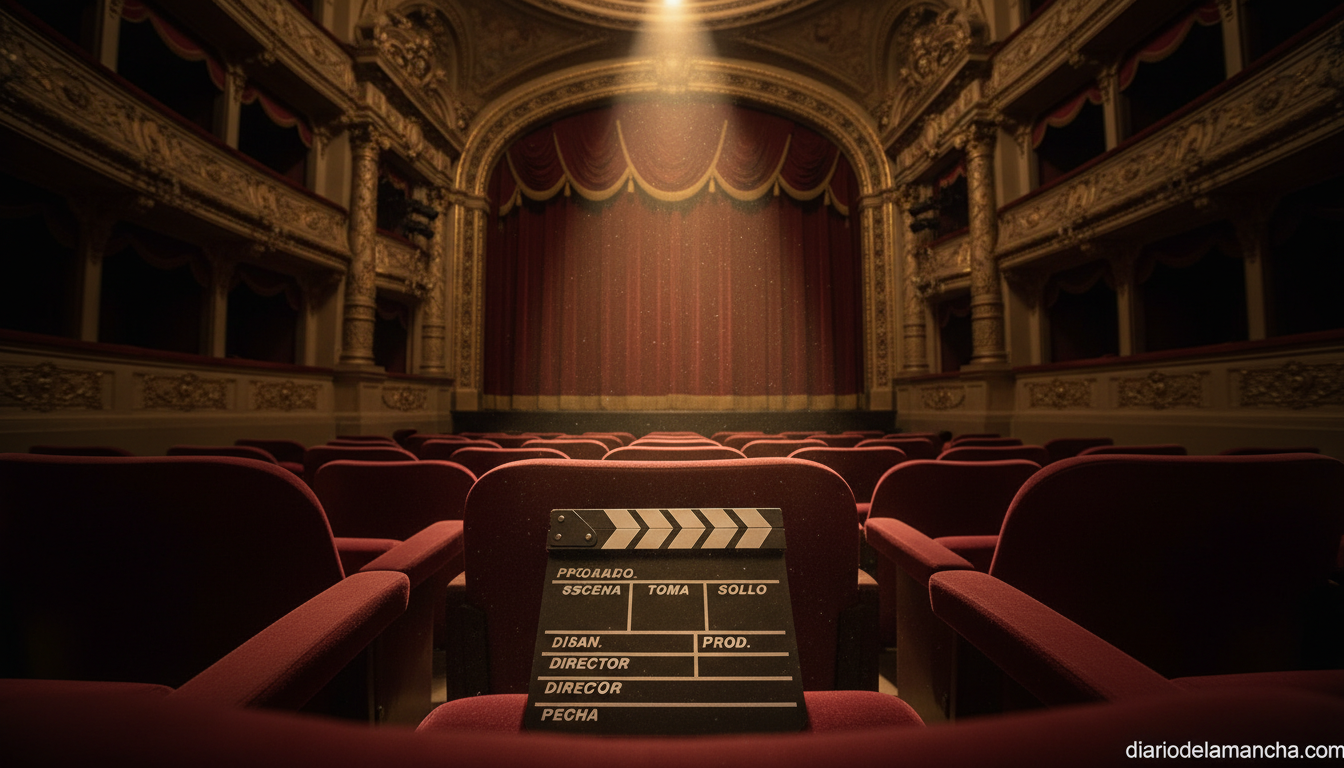 Butacas vacías de teatro con foco encendido sobre el escenario y una claqueta de cine