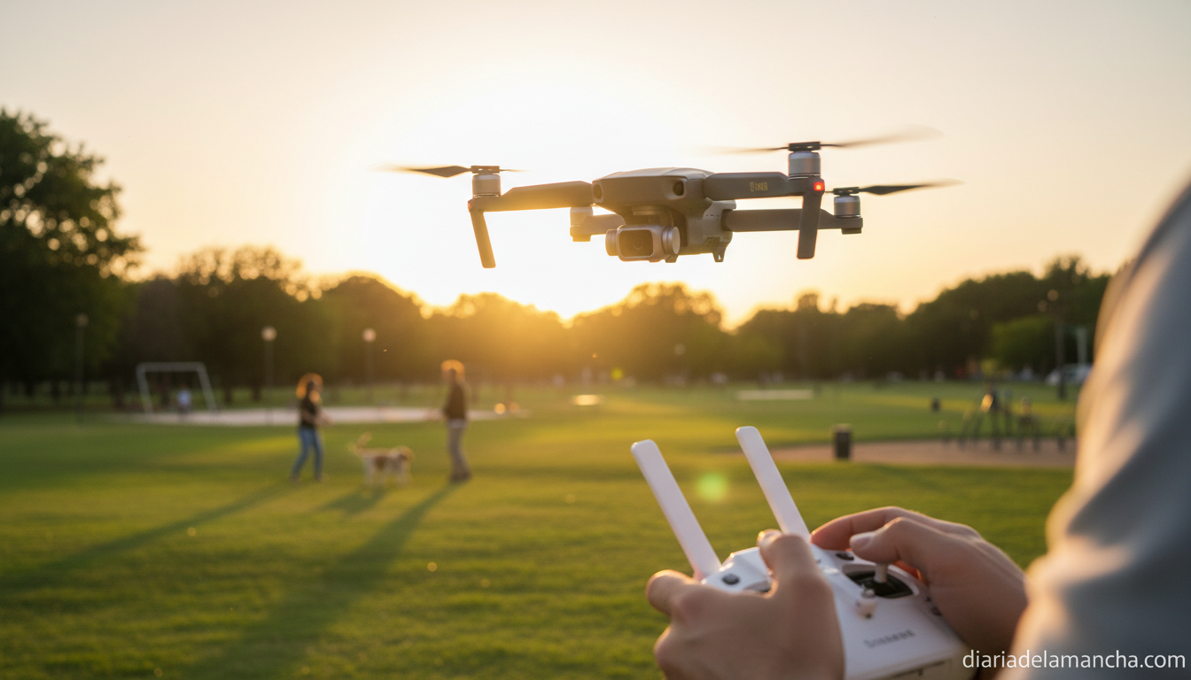 Persona pilotando un dron de consumo con cámara en un parque al atardecer