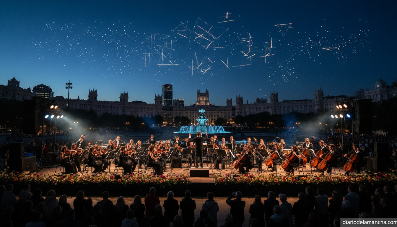 Espectáculo de drones DroneArt Show iluminando el cielo de Madrid con música clásica en directo