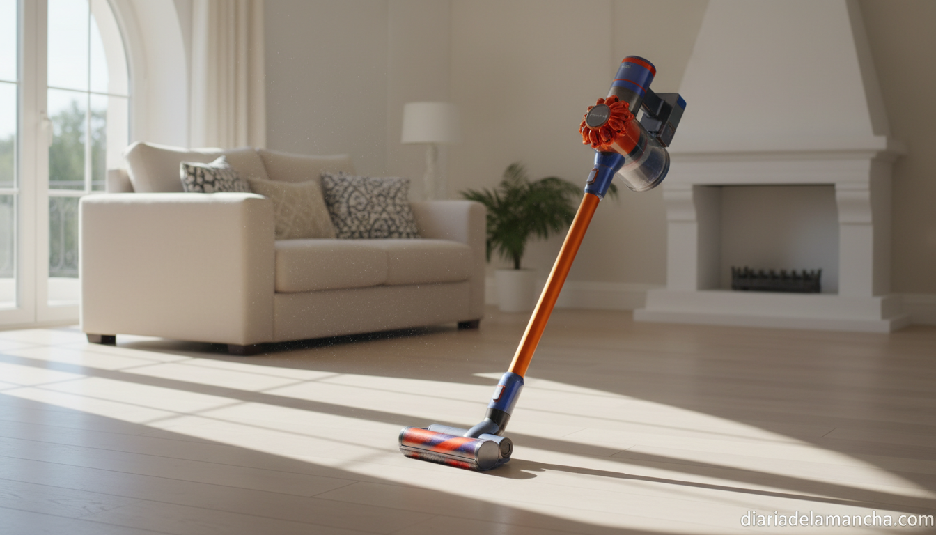 Aspirador escoba sin cables Dyson V11 Fluffy limpiando un suelo de madera en el salón