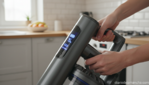 Pantalla LCD del Dyson V11 Fluffy mostrando el nivel de batería y el modo de limpieza