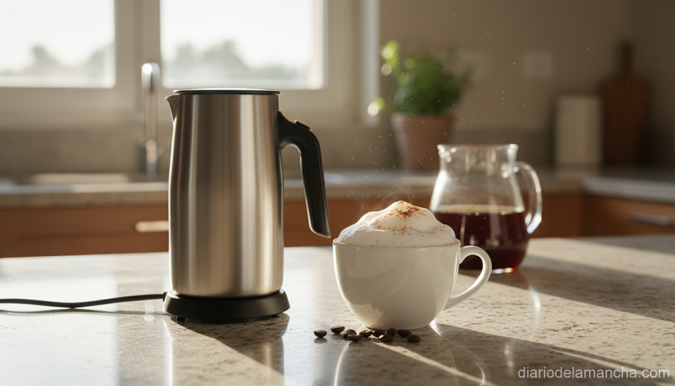 Espumador de leche eléctrico de acero inoxidable junto a una taza de cappuccino con espuma cremosa