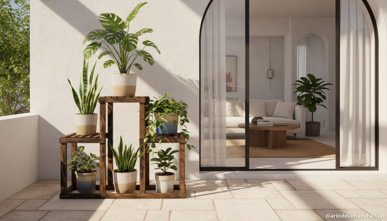 Estante de madera carbonizada con varias plantas de interior en una terraza luminosa