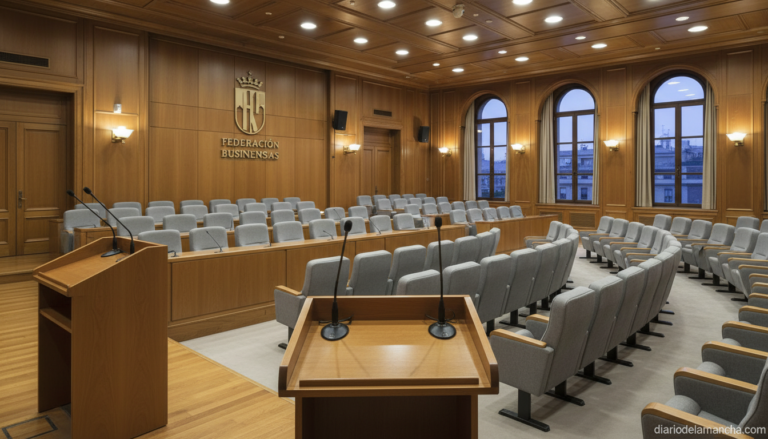 Vista interior de un salón de asamblea empresarial vacío, atril de madera con micrófono, fila de butacas de tela vacías, i...