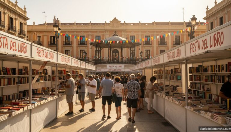 Editorial photo of a Spanish town square (Plaza del Altozano in Albacete style) during a literary book fair: rows of white...